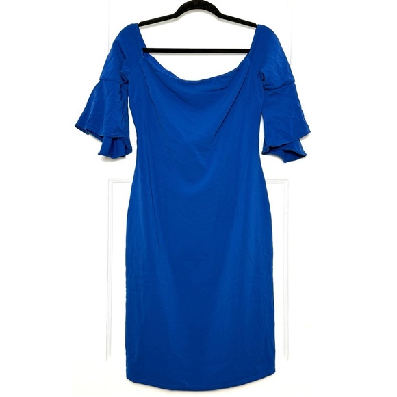 LAUNDRY SHELLI SEGAL Cobalt Crepe Off Shoulder Flare Bell Sleeve Sheath Dress 8 - Picture 3 of 8